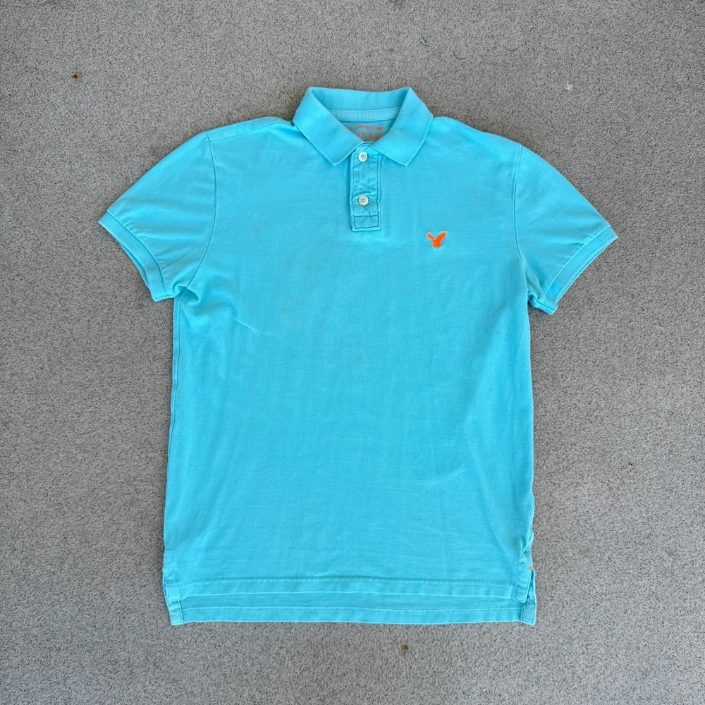 American Eagle Athletic Fit Mens Small Polo Shirt - Blue-Orange Piqué